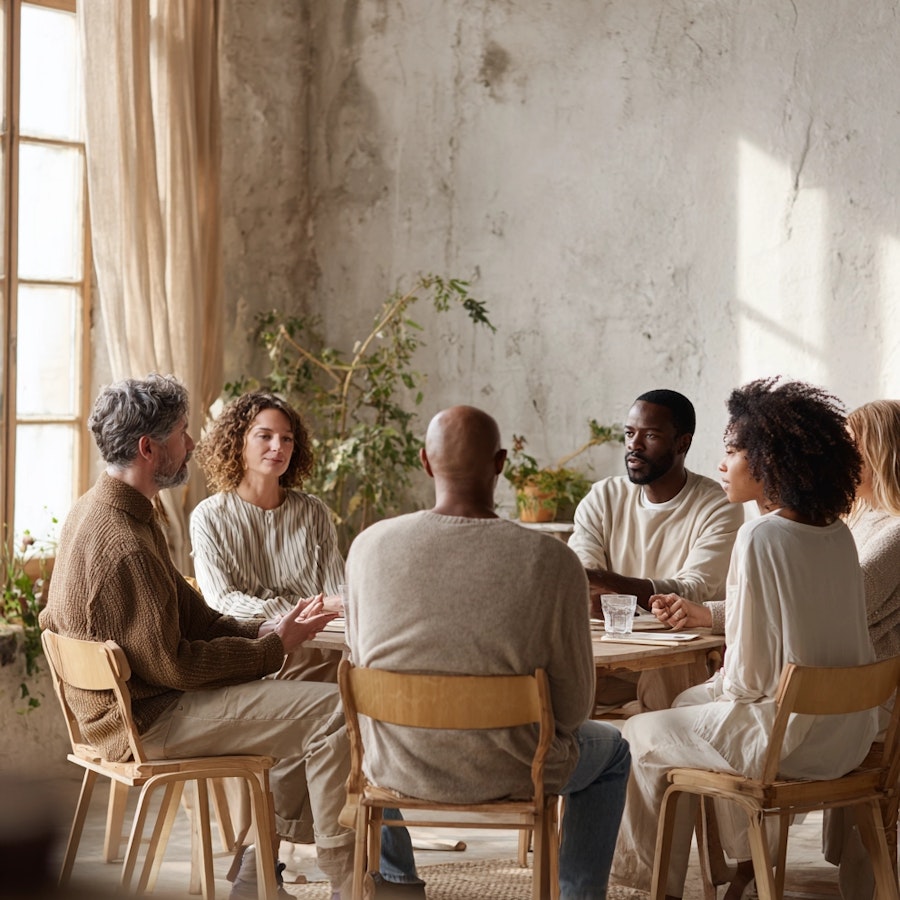 A small focus group of participants discussing insights in a warm, natural setting during a qualitative research session.