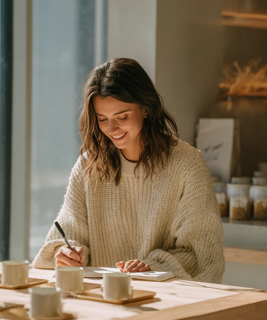 Woman participating in a food and beverage taste testing session, taking notes during a consumer product evaluation.