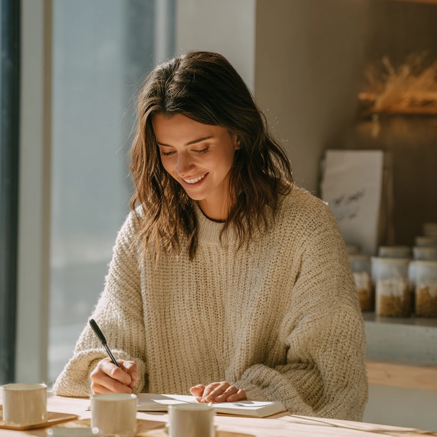 Woman participating in a food and beverage taste testing session, taking notes during a consumer product evaluation.