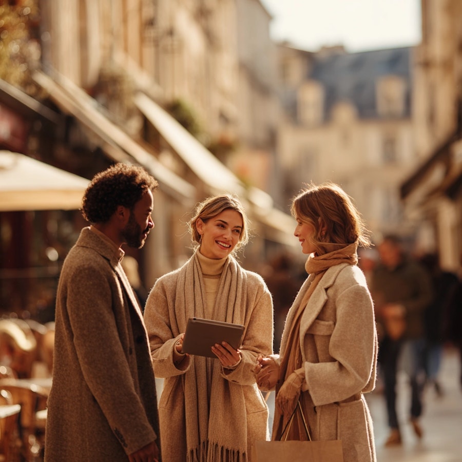 Researcher conducting a customer intercept survey with shoppers on a busy street using a tablet.