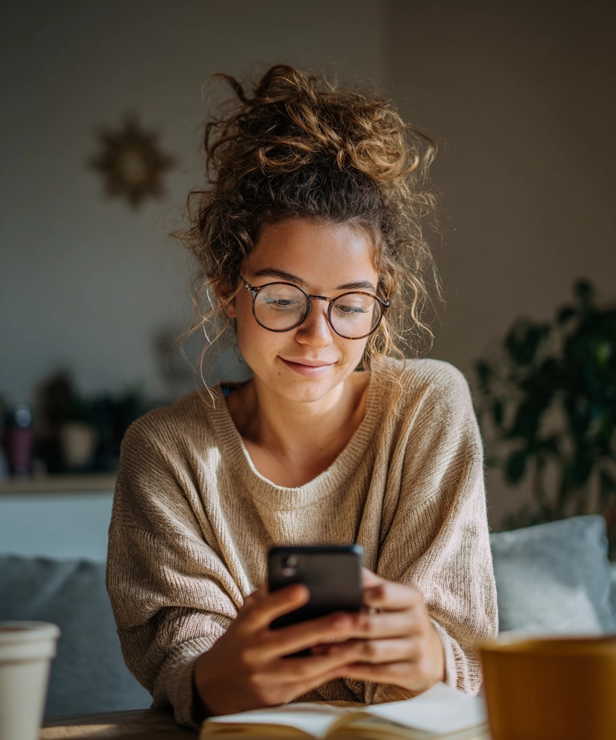 Woman recording an online diary entry on her smartphone as part of real-time qualitative research.