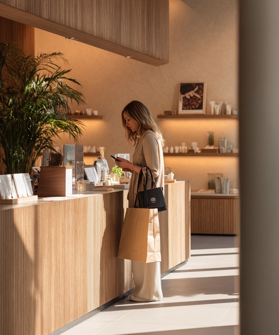 Woman acting as a mystery shopper evaluating service and product presentation inside a retail store.