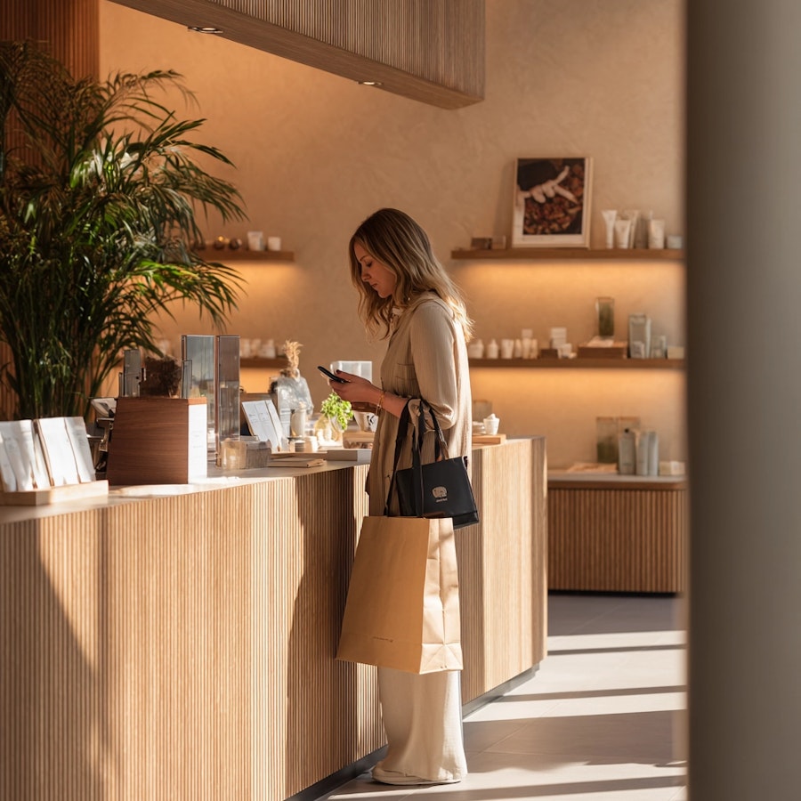Woman acting as a mystery shopper evaluating service and product presentation inside a retail store.