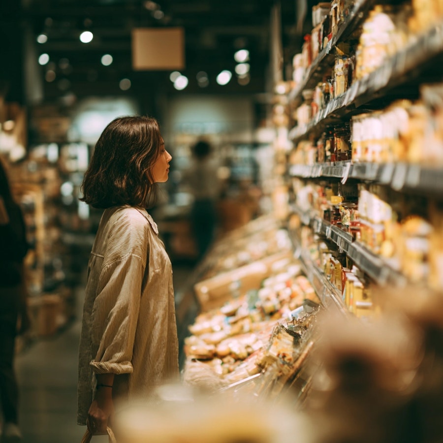 Woman observing products during a shop-along market research session inside a grocery store aisle.