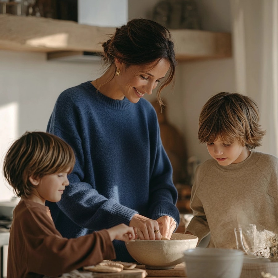 A researcher observing a mother and her children cooking together in their home, illustrating ethnographic research that captures real customer behavior in natural environments.