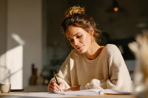 Woman taking notes during a qualitative market research session in a warm, natural environment.