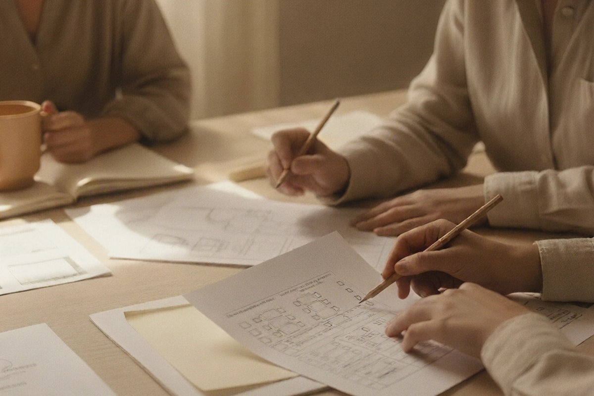 Researchers collaborating on screener questionnaire design with documents spread on table