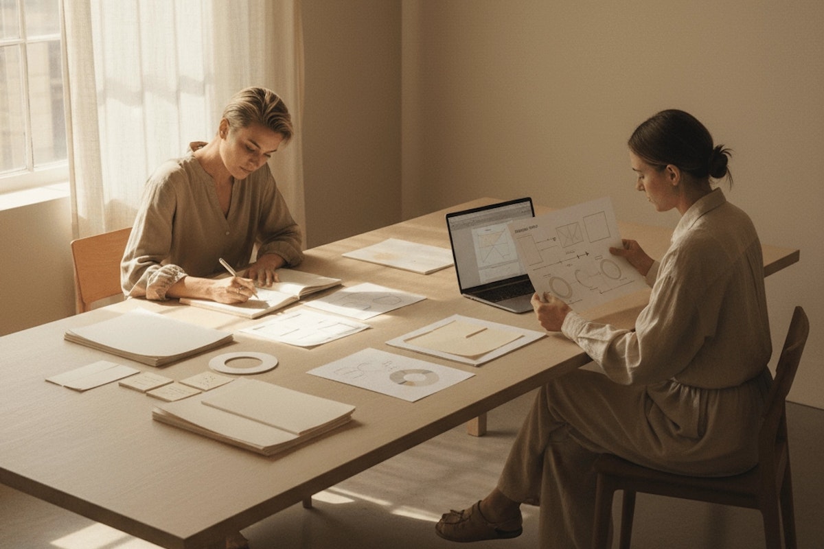 Two researchers planning study design with laptop and research documents in professional setting