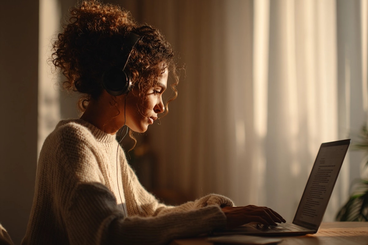 Professional linguist wearing headphones transcribing focus group recordings at laptop