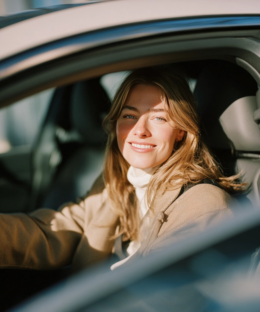 Smiling woman sitting behind the wheel of a modern car in warm natural light