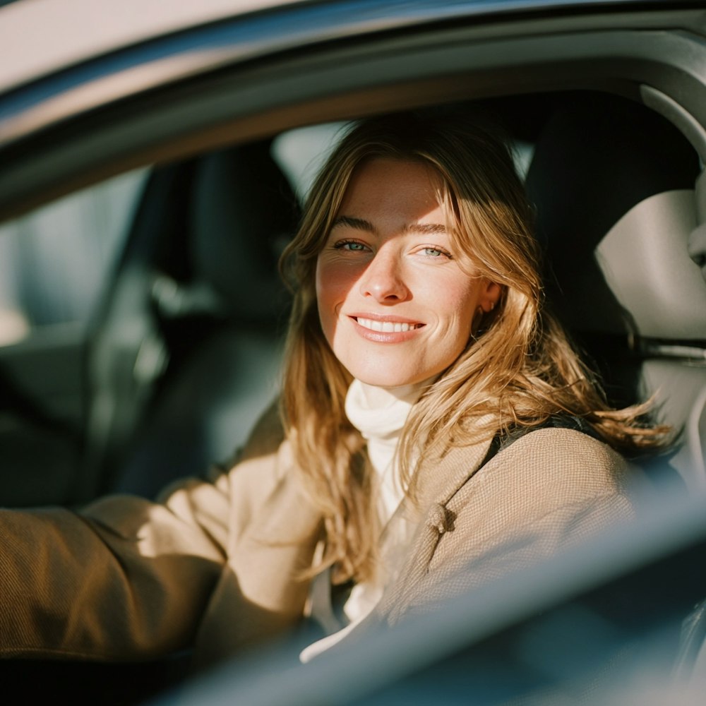 Smiling woman sitting behind the wheel of a modern car in warm natural light