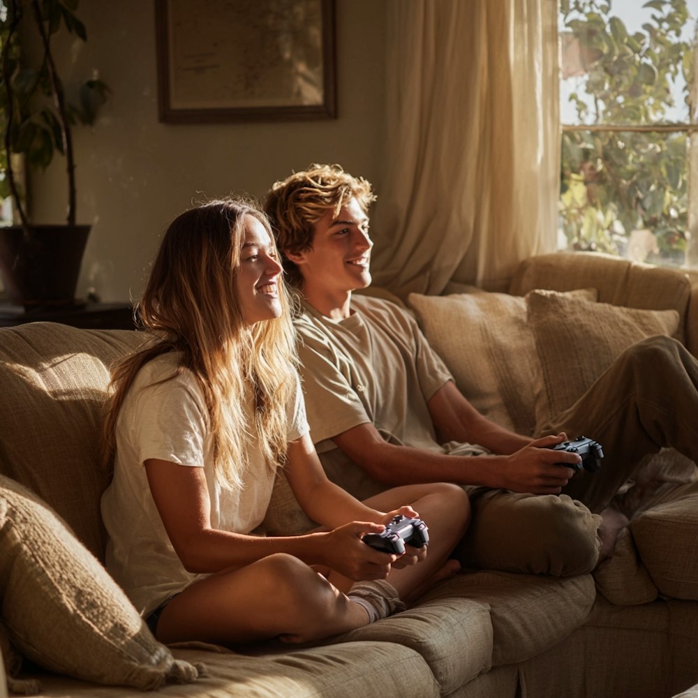 Two young gamers smiling and playing a console video game together on a sofa in a naturally lit living room