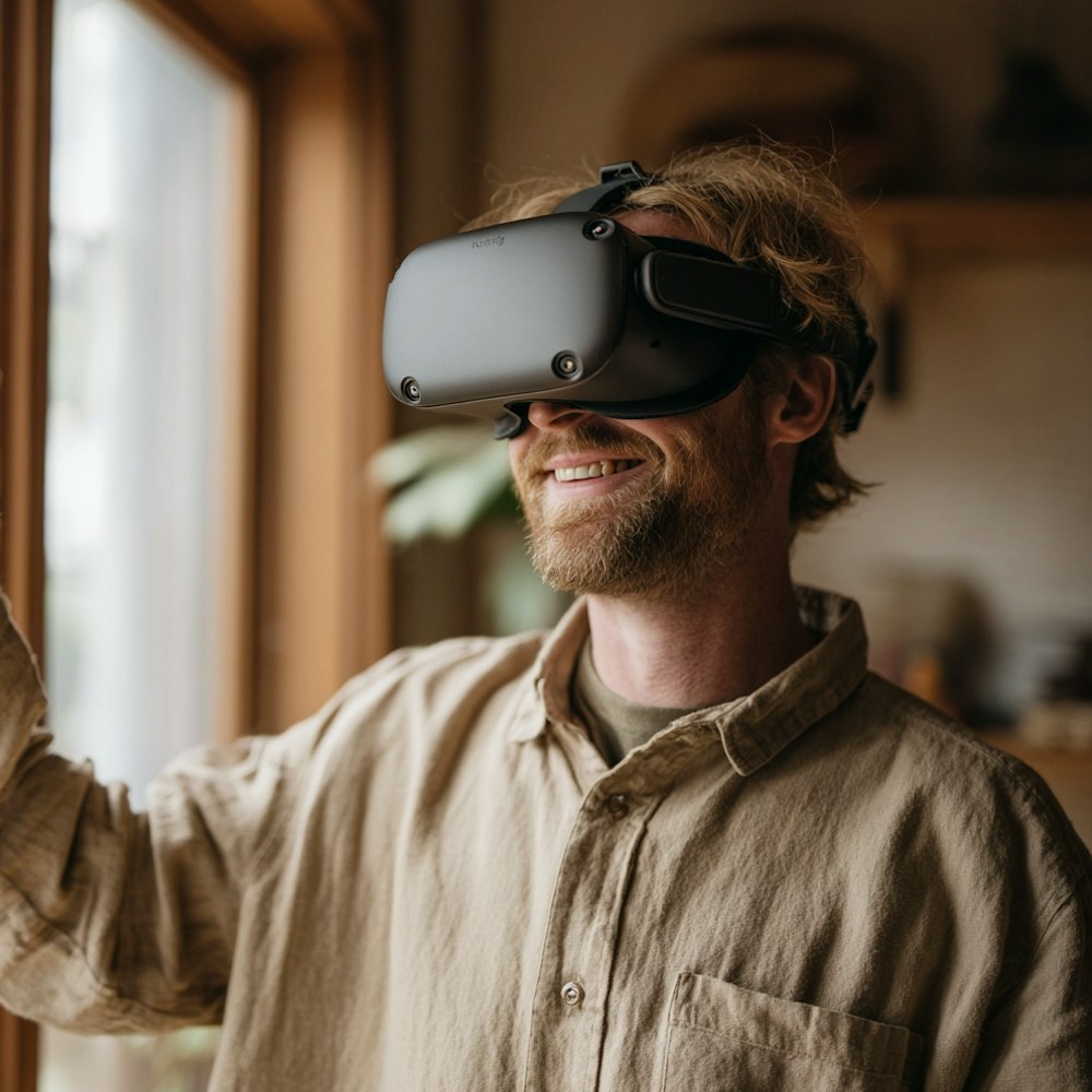 Man wearing a VR headset smiling while interacting in a warm, naturally lit living room