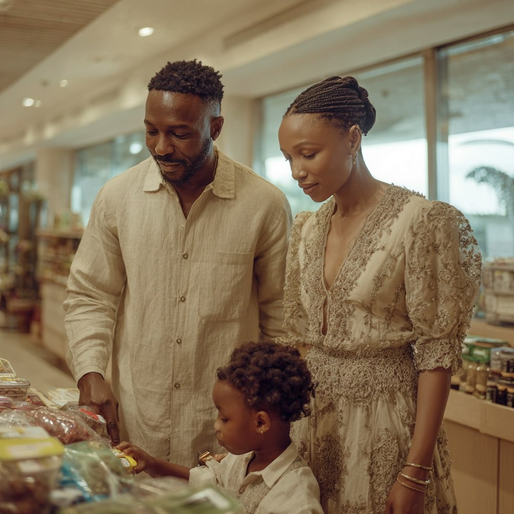 Family of three browsing packaged goods together in a warmly lit grocery store