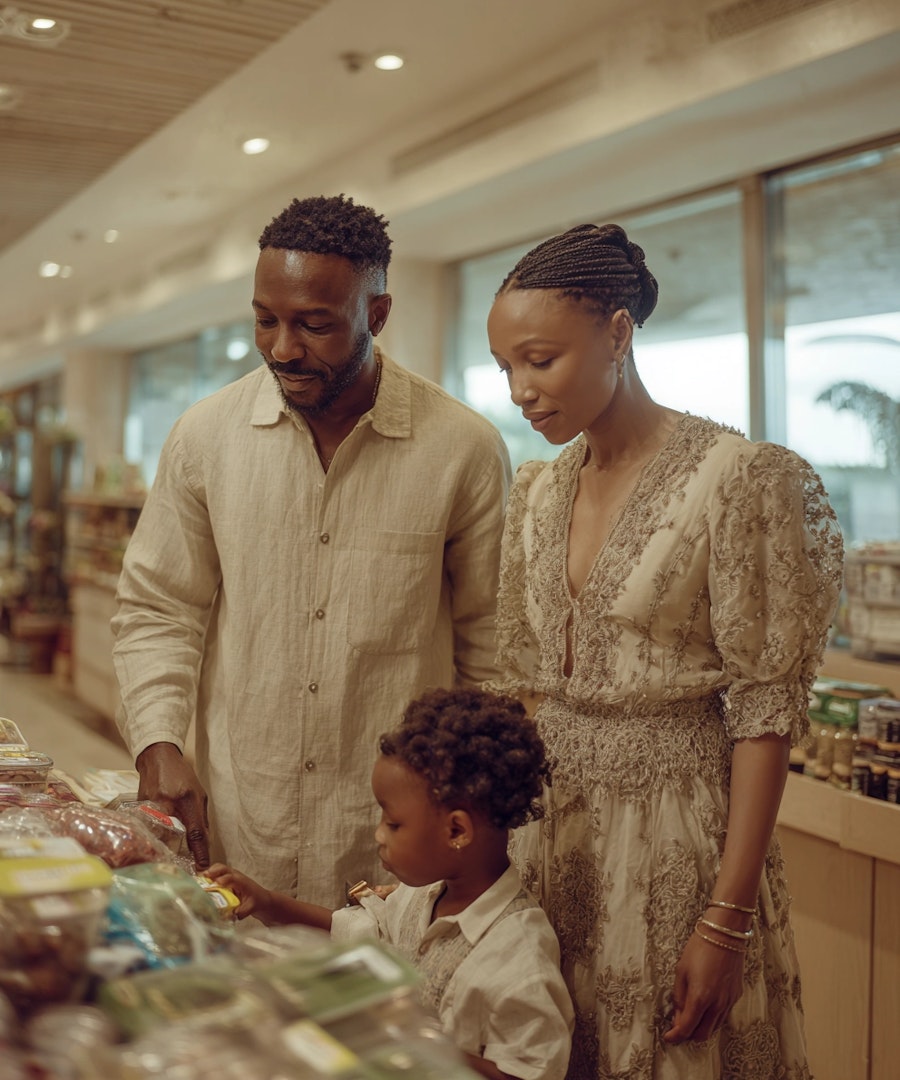 Family of three browsing packaged goods together in a warmly lit grocery store