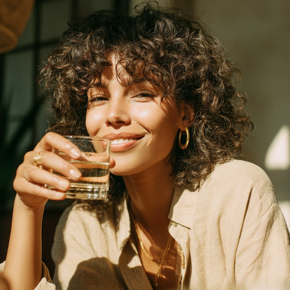 Woman with curly hair smiling while holding a glass of water in warm natural sunlight
