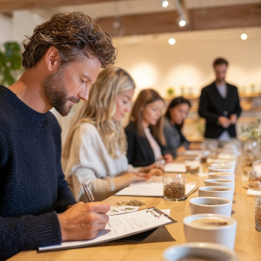 Coffee taste testing session with consumer participants sampling syrup blends in a London research facility