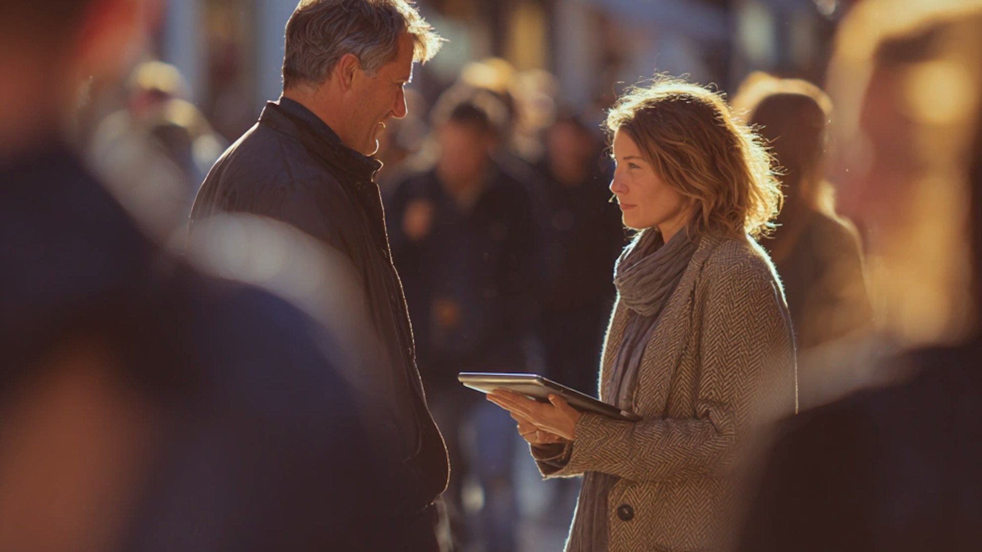 Market researcher with tablet conducting a customer intercept conversation with a man on a busy London street in warm evening light