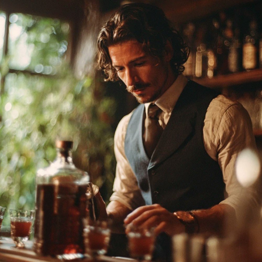 A bartender preparing cocktails in a premium bar setting — the invisible influencers who shape how spirits brands are perceived at the point of purchase.