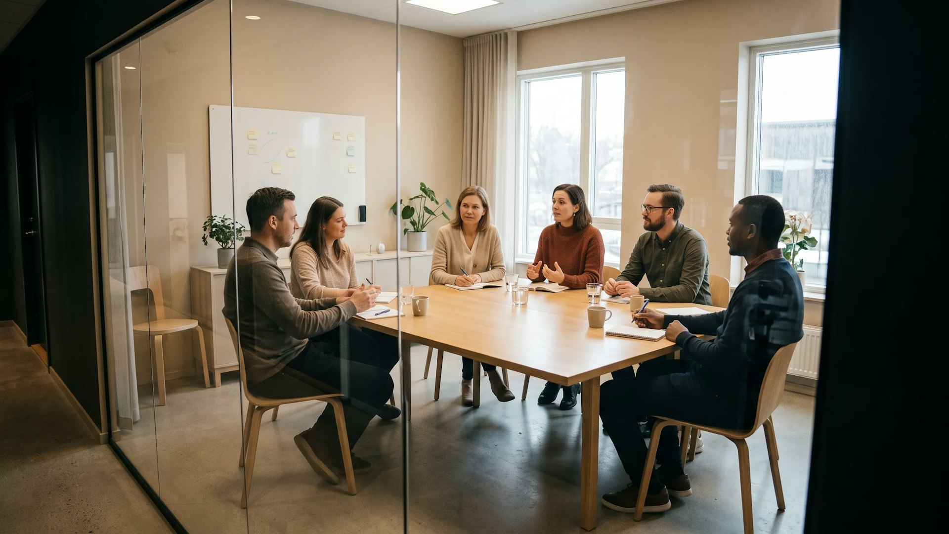 Focus group discussion seen through the glass of a research facility, six participants around a table as one speaks