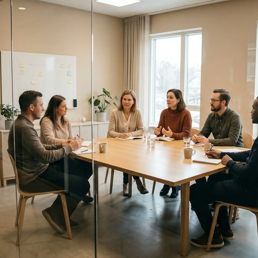 Focus group discussion seen through the glass of a research facility, six participants around a table as one speaks